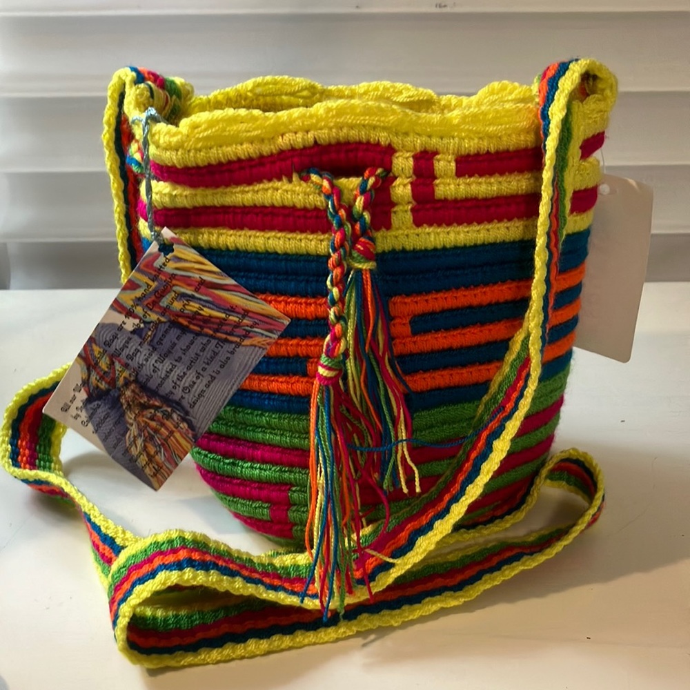 Wayuu small Mochila bags Handmade fuchsia, orange, green & multi-colored strap